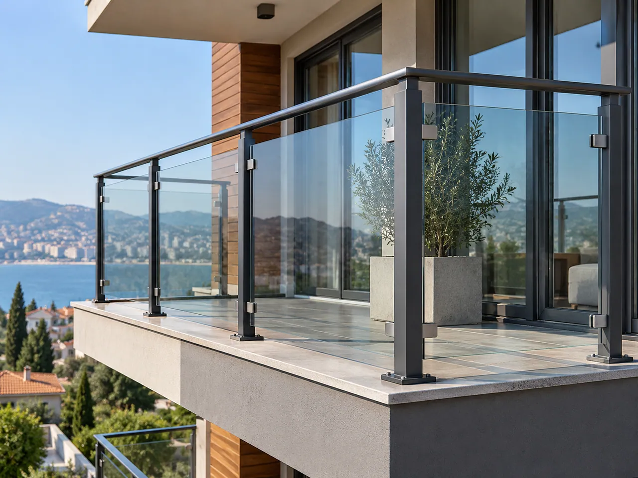 Balkon kenarında alüminyum profilli şeffaf cam korkuluk detayı