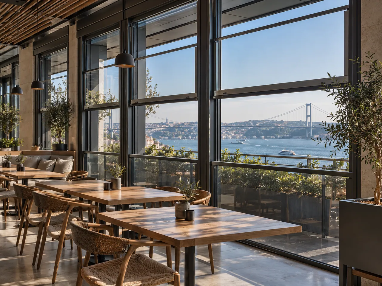 Yatay bölümlü geniş cam açıklıkların yanında kafe oturma alanı