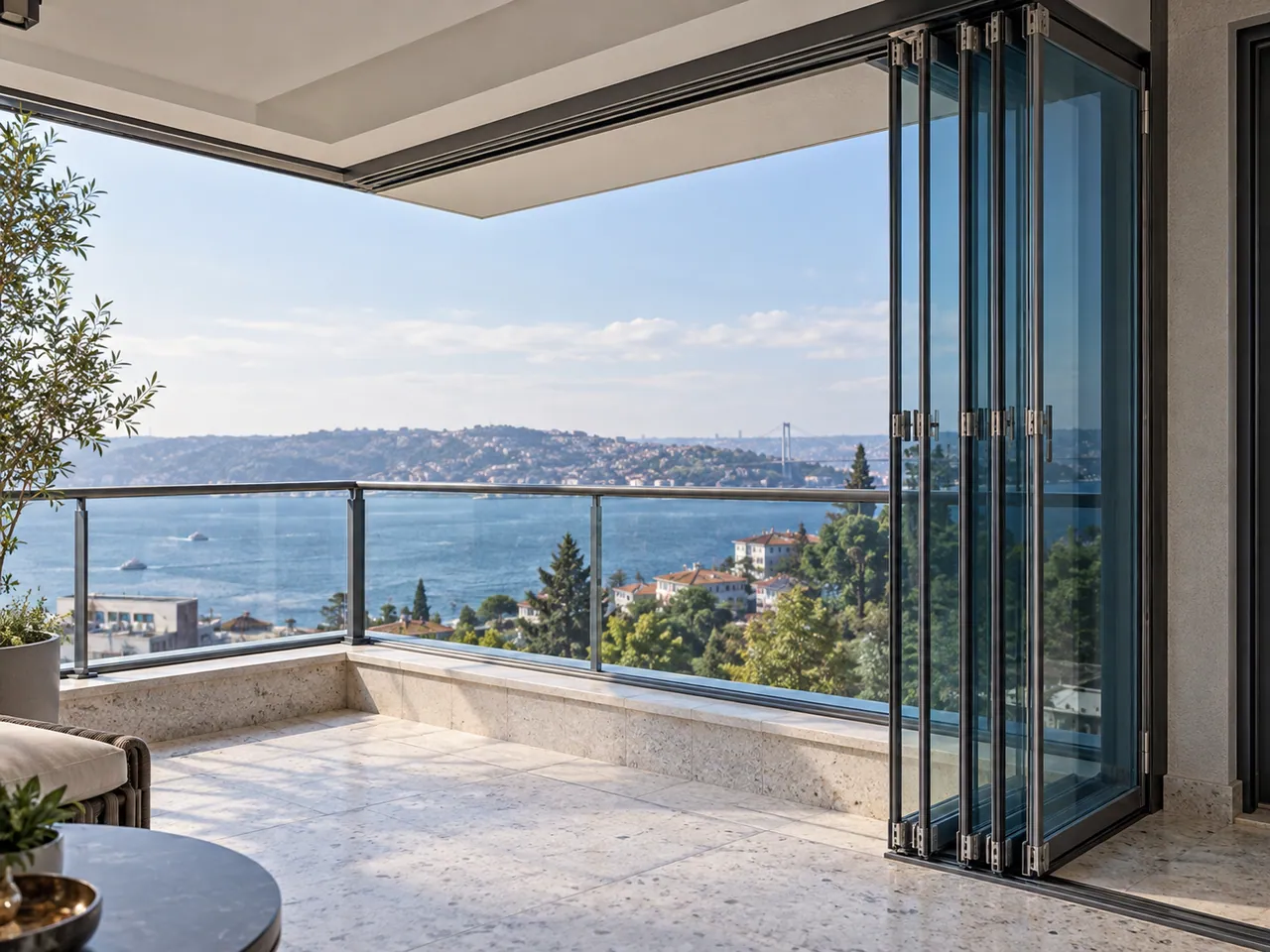 Bir yanda toplanan katlanır cam kanatlarıyla açık balkon