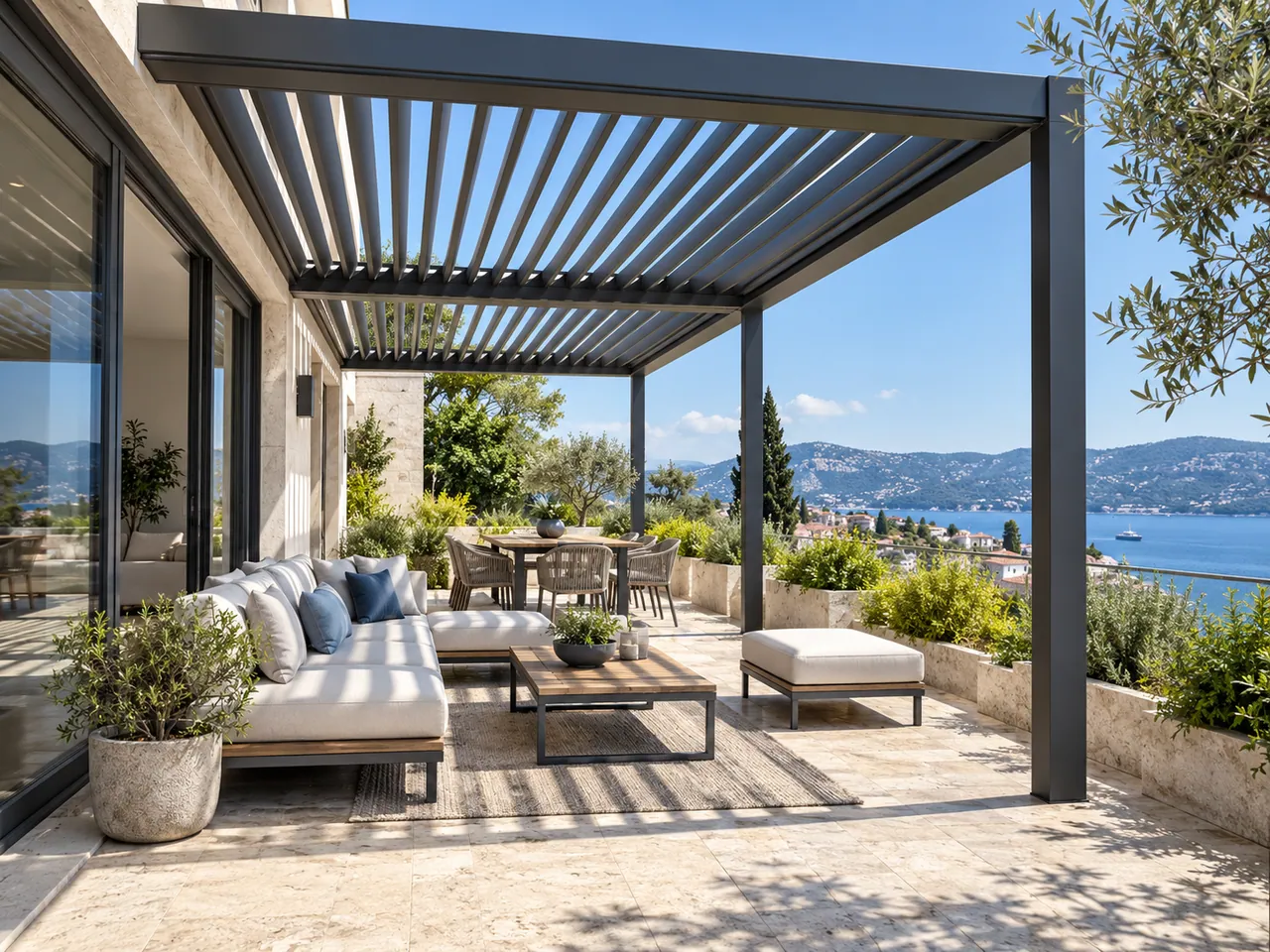 Teras oturma alanı üzerinde alüminyum profilli pergola