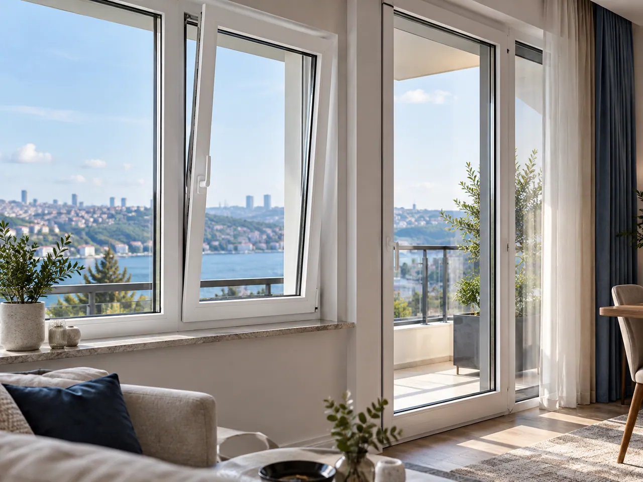 Beyaz PVC pencere ve balkon kapısının profil ve kol detayları